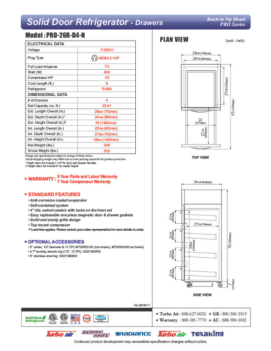 Turbo Air PRO-26R-D4-N, 28 3/4" One Section Reach In Refrigerator - (4) Solid Drawers, 115v