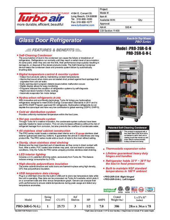 Turbo Air PRO-26R-G-N Single Section Reach-In Top Mount Glass Full Door Refrigerator