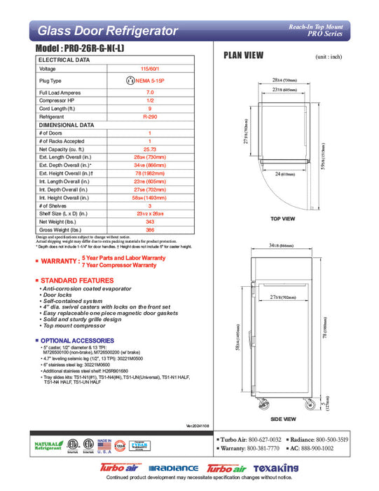 Turbo Air PRO-26R-G-N Single Section Reach-In Top Mount Glass Full Door Refrigerator