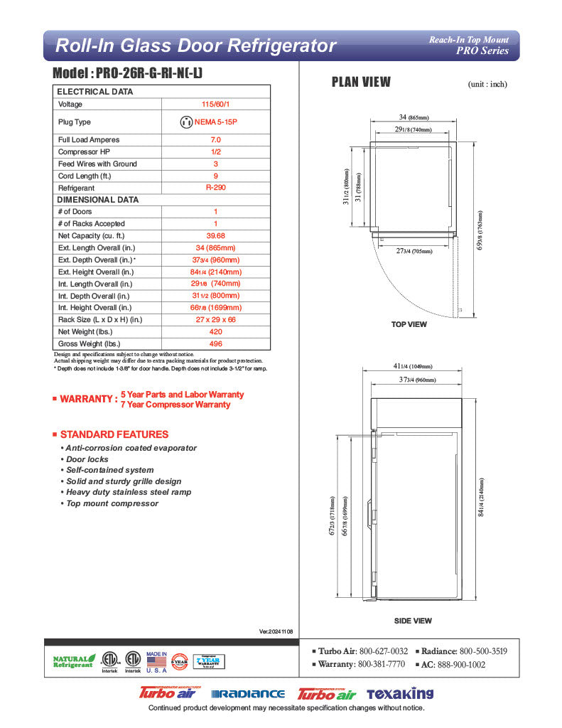 Turbo Air PRO-26R-G-RI-N(-L) PRO Series Refrigerator Roll-in One-section - Donut-Equipment.com