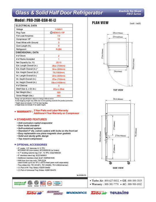 Turbo Air PRO-26R-GSH-N Pro Series 29" Glass / Solid Half Door Reach In Refrigerator