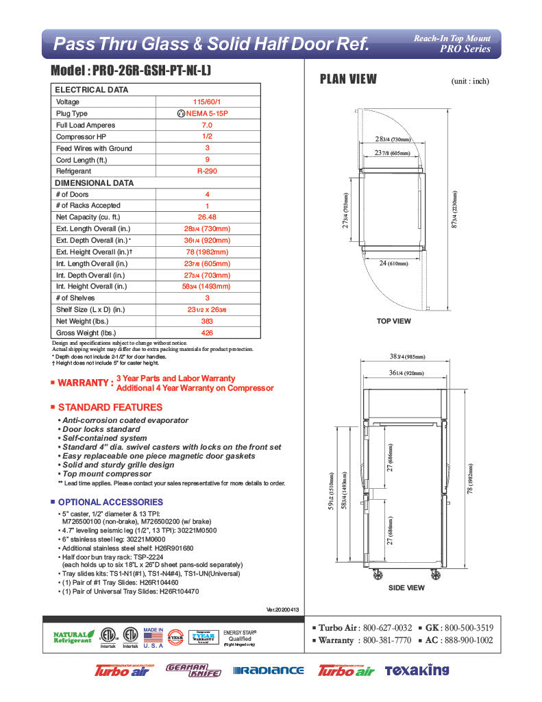 Turbo Air PRO-26R-GSH-PT-N Pro Series 29" Glass / Solid Half Door Pass-Through Refrigerator - Donut-Equipment.com