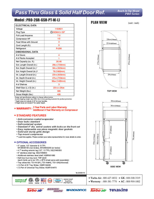 Turbo Air PRO-26R-GSH-PT-N Pro Series 29" Glass / Solid Half Door Pass-Through Refrigerator