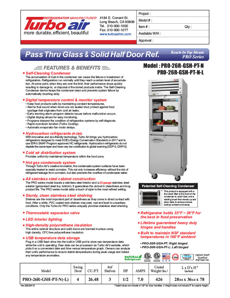 Turbo Air PRO-26R-GSH-PT-N Pro Series 29" Glass / Solid Half Door Pass-Through Refrigerator - Donut-Equipment.com