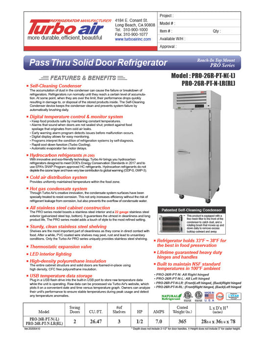 Turbo Air PRO-26R-PT-N 29" Premiere Pro Series Solid Door Pass-Through Refrigerator