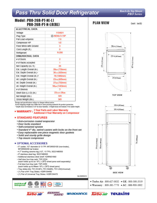 Turbo Air PRO-26R-PT-N 29" Premiere Pro Series Solid Door Pass-Through Refrigerator