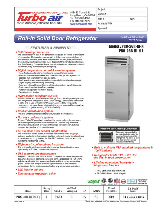 Turbo Air PRO-26R-RI-N 35" Premiere Pro Series Solid Door Roll-In Refrigerator