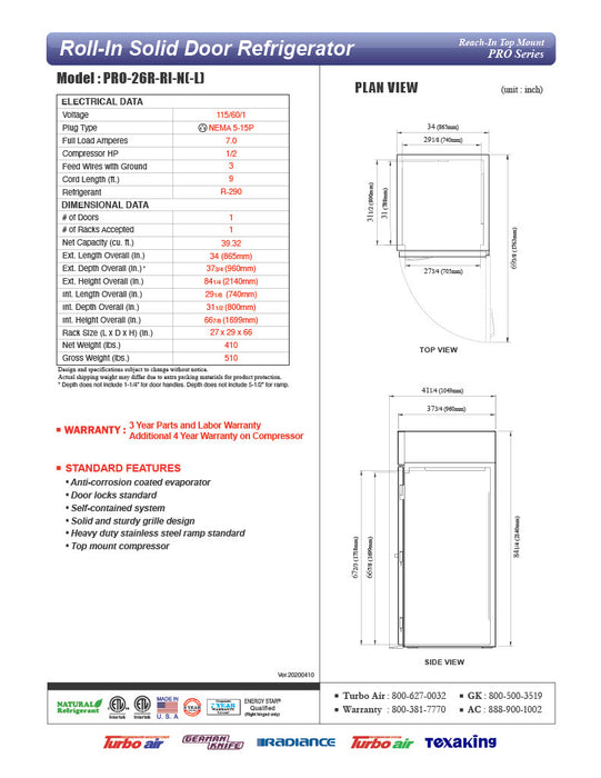 Turbo Air PRO-26R-RI-N 35" Premiere Pro Series Solid Door Roll-In Refrigerator