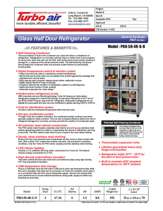 Turbo Air PRO-50-4R-G-N 51 3/4" Two Section Reach In Refrigerator, (4) Right Hinge Glass Doors, 115v