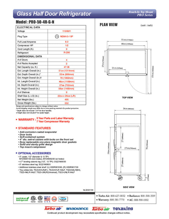 Turbo Air PRO-50-4R-G-N 51 3/4" Two Section Reach In Refrigerator, (4) Right Hinge Glass Doors, 115v