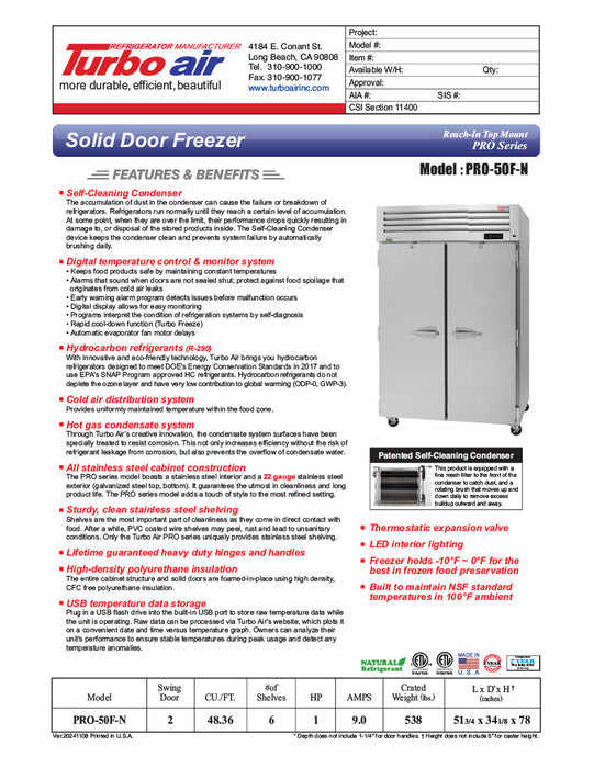 Turbo Air PRO-50F-N 52" Premiere Pro Series Solid Door Reach in Freezer