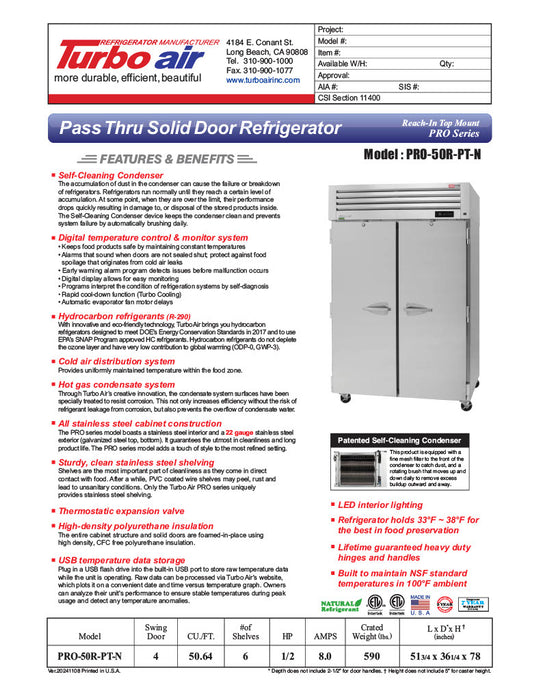 Turbo Air PRO-50F-PT-N 52" Premiere Pro Series Solid Door Pass-Through Freezer