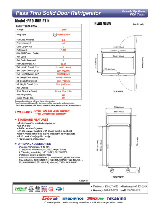 Turbo Air PRO-50F-PT-N 52" Premiere Pro Series Solid Door Pass-Through Freezer