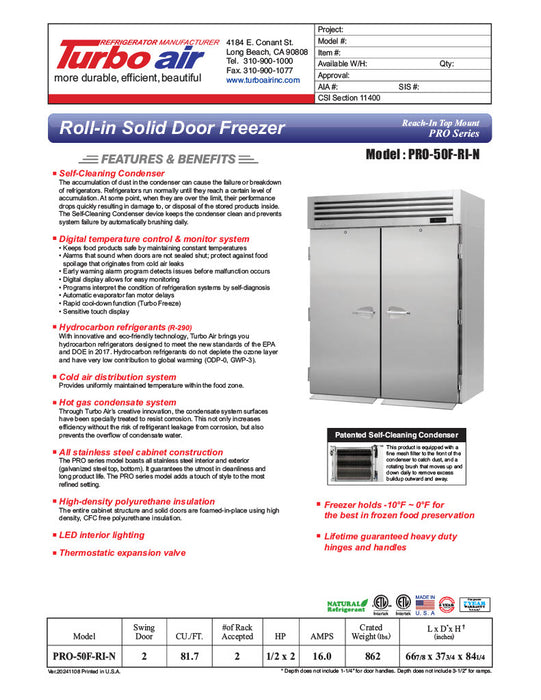 Turbo Air PRO-50F-RI-N 67" Premiere Pro Series Solid Door Roll-In Freezer