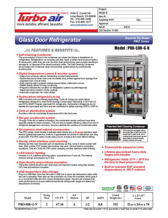 Turbo Air PRO-50R-G-N 51 3/4" Two Section Reach In Refrigerator, (2) Hinged Glass Doors, 115v