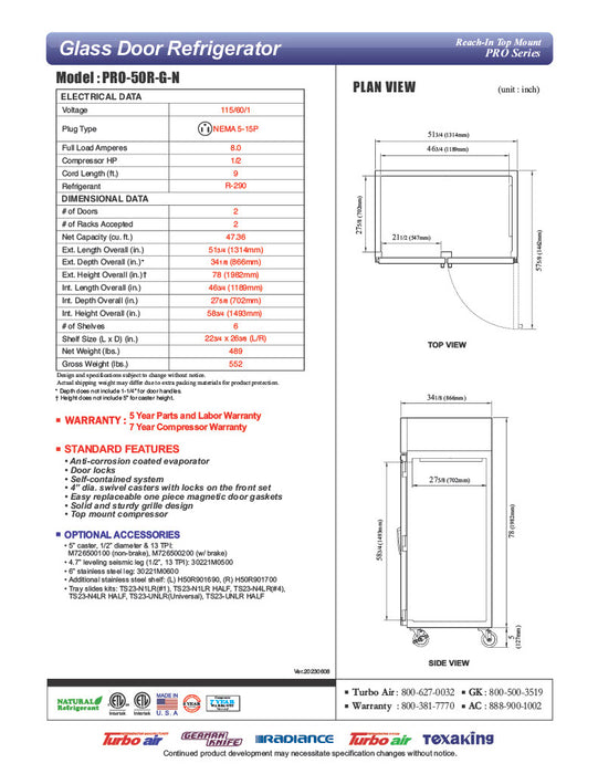 Turbo Air PRO-50R-G-N 51 3/4" Two Section Reach In Refrigerator, (2) Hinged Glass Doors, 115v