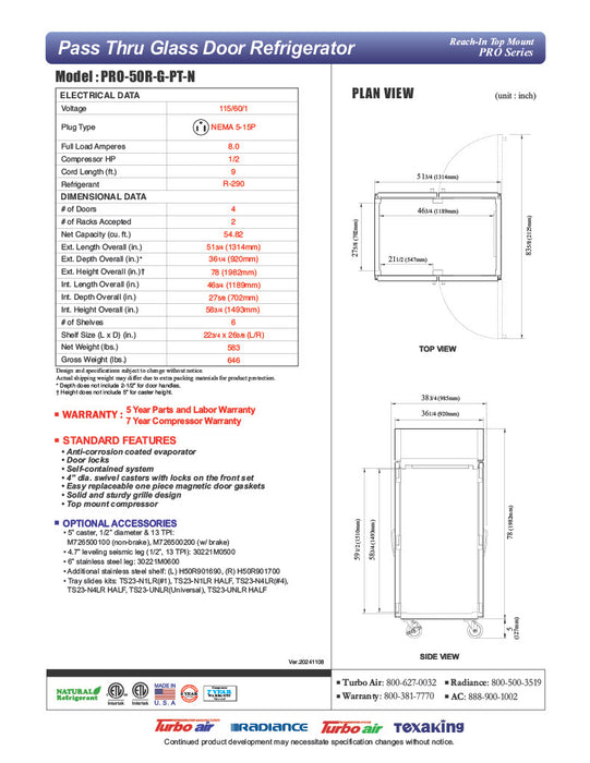 Turbo Air PRO-50R-G-PT-N 2 Section Glass Door Pass-Thru Refrigerator