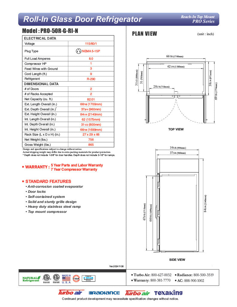Turbo Air PRO-50R-G-RI-N PRO Series Refrigerator Roll-in Two-section - Donut-Equipment.com