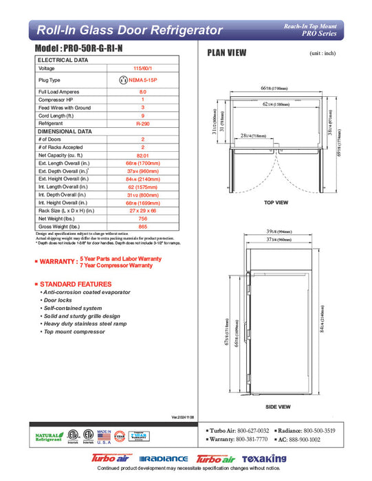 Turbo Air PRO-50R-G-RI-N PRO Series Refrigerator Roll-in Two-section