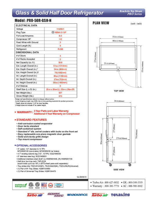 Turbo Air PRO-50R-GSH-N 52" Premiere Pro Series, Two Section Reach-In Refrigerator with Solid and Glass Half Doors