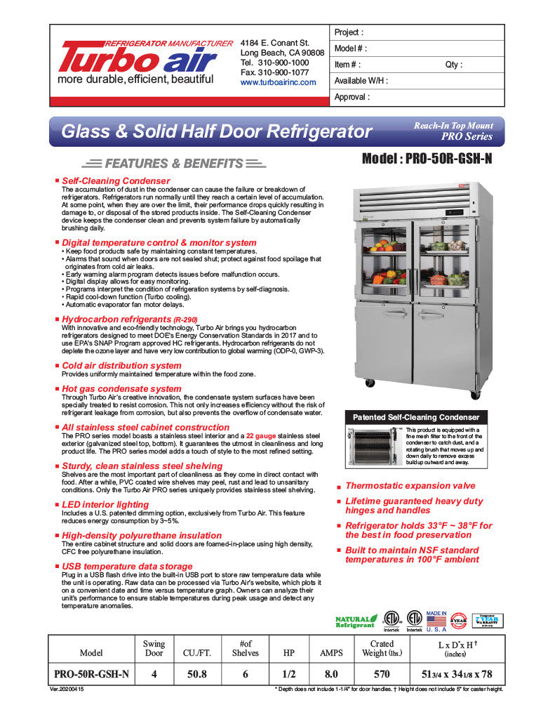 Turbo Air PRO-50R-GSH-N 52" Premiere Pro Series, Two Section Reach-In Refrigerator with Solid and Glass Half Doors - Donut-Equipment.com