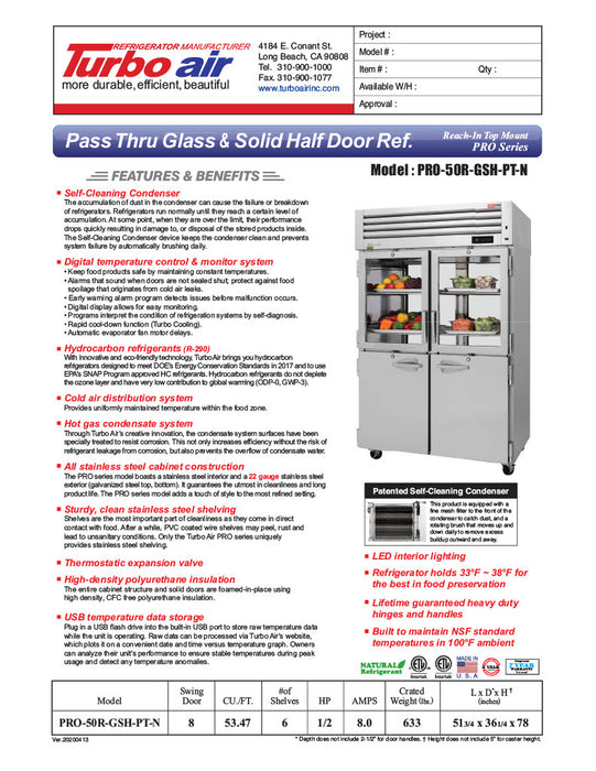 Turbo Air PRO-50R-GSH-PT-N Pro Series 52" Glass / Solid Half Door Pass-Through Refrigerator