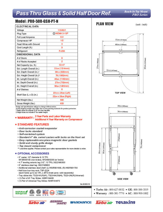 Turbo Air PRO-50R-GSH-PT-N Pro Series 52" Glass / Solid Half Door Pass-Through Refrigerator