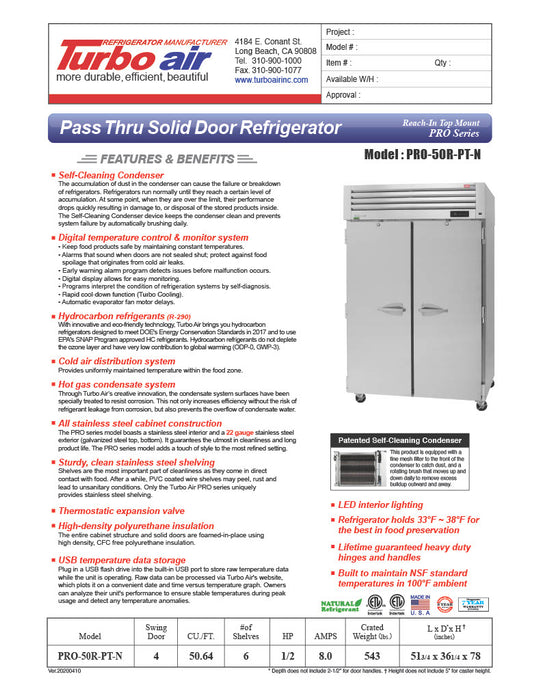 Turbo Air PRO-50R-PT-N 52" Premiere Pro Series Solid Door Pass-Through Refrigerator