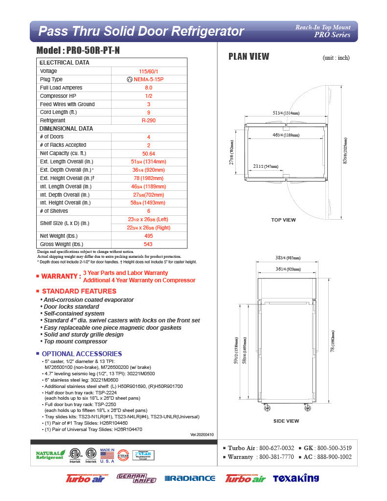 Turbo Air PRO-50R-PT-N 52" Premiere Pro Series Solid Door Pass-Through Refrigerator - Donut-Equipment.com