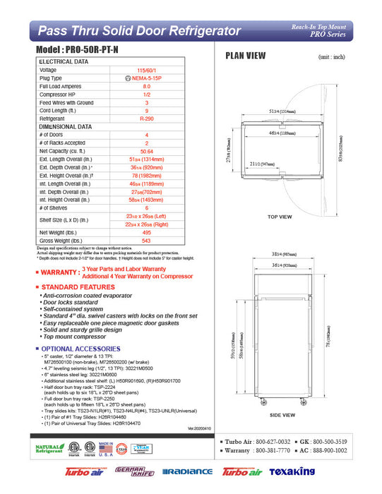 Turbo Air PRO-50R-PT-N 52" Premiere Pro Series Solid Door Pass-Through Refrigerator