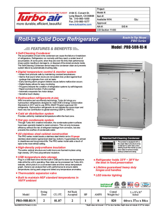 Turbo Air PRO-50R-RI-N 67" Two Section Roll In Refrigerator, (2) Left/Right Hinge Solid Doors, 115v