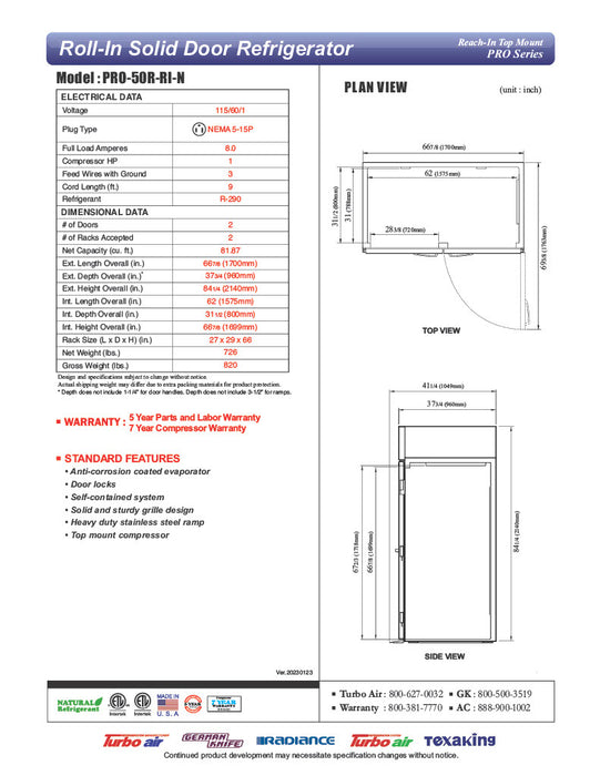 Turbo Air PRO-50R-RI-N 67" Two Section Roll In Refrigerator, (2) Left/Right Hinge Solid Doors, 115v