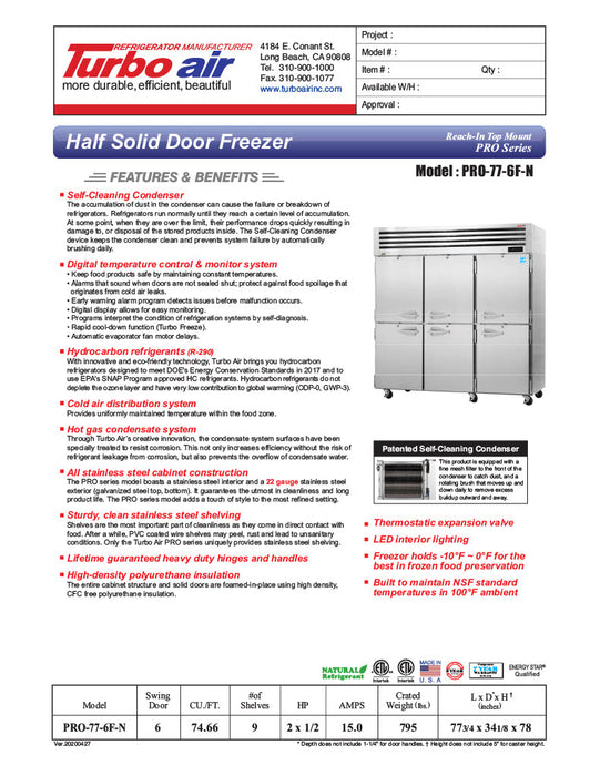 Turbo Air PRO-77-6F-N 78" Premiere Pro Series Solid Half Door Reach in Freezer