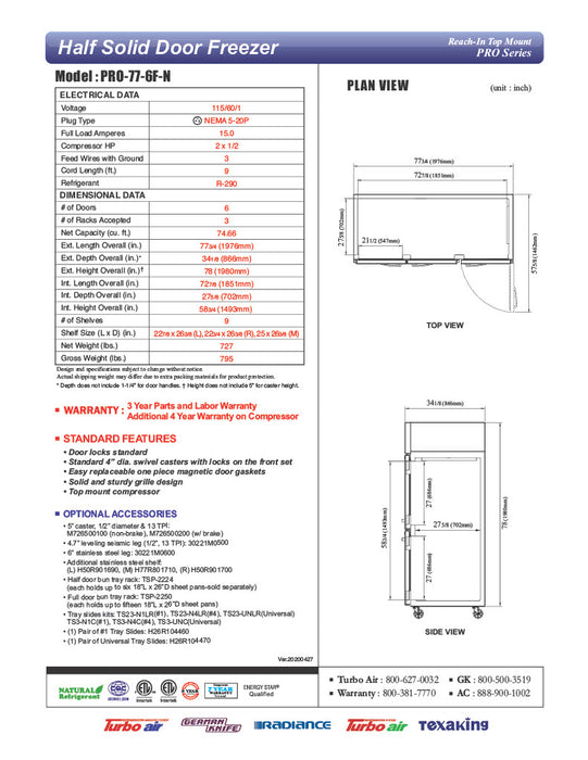 Turbo Air PRO-77-6F-N 78" Premiere Pro Series Solid Half Door Reach in Freezer