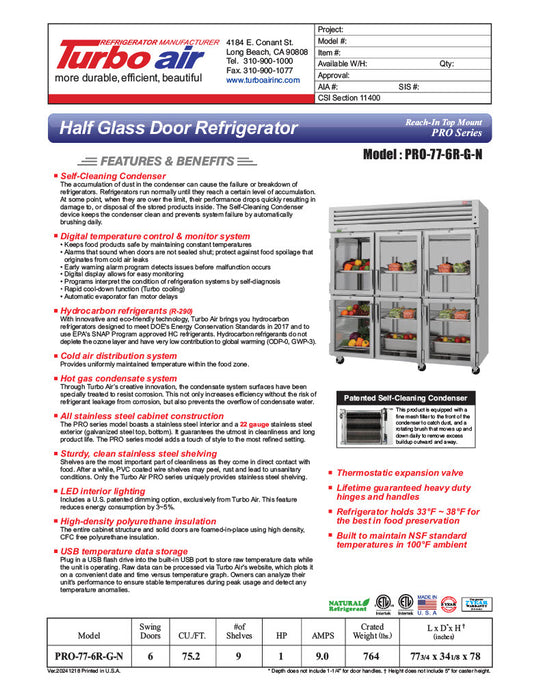 Turbo Air PRO-77-6R-G-N 77 3/4" Three Section Reach In Refrigerator, (6) Left/Right Hinge Glass Doors, 115v