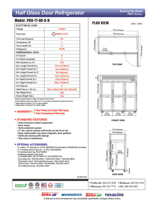 Turbo Air PRO-77-6R-G-N 77 3/4" Three Section Reach In Refrigerator, (6) Left/Right Hinge Glass Doors, 115v