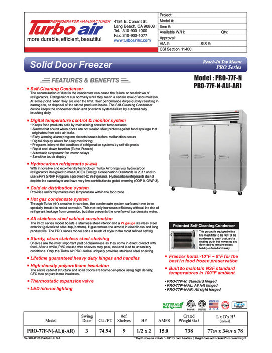 Turbo Air PRO-77F-N 78" Premiere Pro Series Solid Door Reach in Freezer