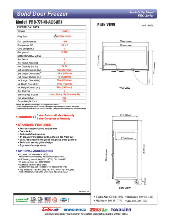 Turbo Air PRO-77F-N 78" Premiere Pro Series Solid Door Reach in Freezer