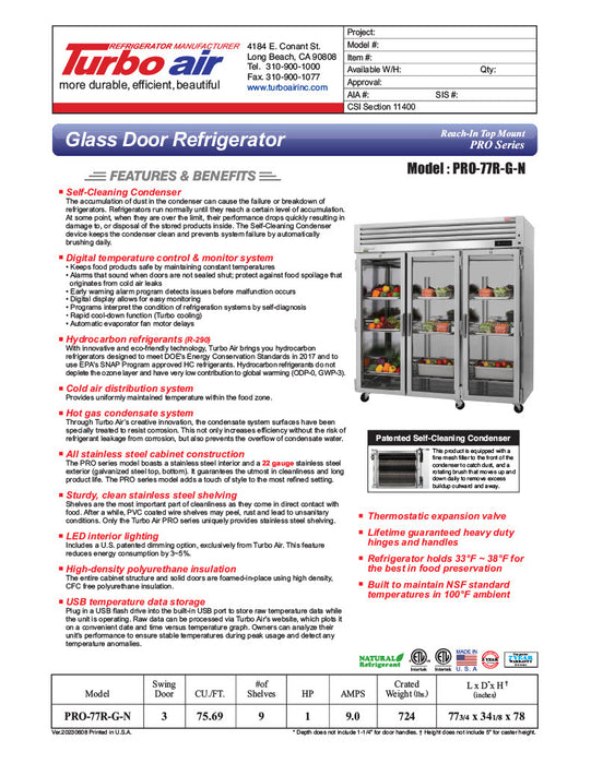 Turbo Air PRO-77R-G-N, 77 3/4" Three Section Reach In Refrigerator, (3) Left/Right Hinge Glass Doors, 115v