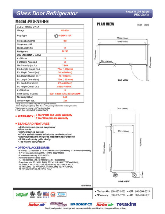 Turbo Air PRO-77R-G-N, 77 3/4" Three Section Reach In Refrigerator, (3) Left/Right Hinge Glass Doors, 115v