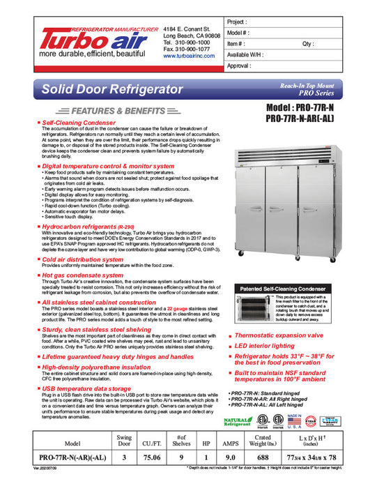 Turbo Air PRO-77R-N 78" Premiere Pro Series Solid Door Reach in Refrigerator