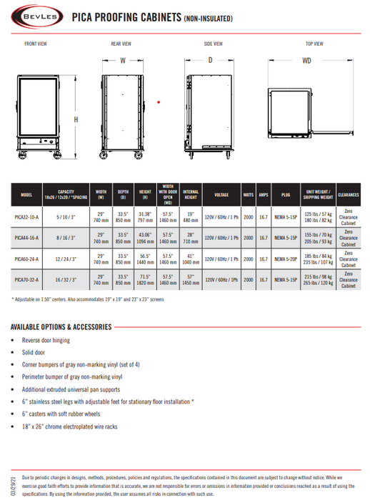 Bevles Model: PICA70-32-A-4R1 (230V) Single Door Right Hand Hinge (Non-Insulated) Proofing Cabinet