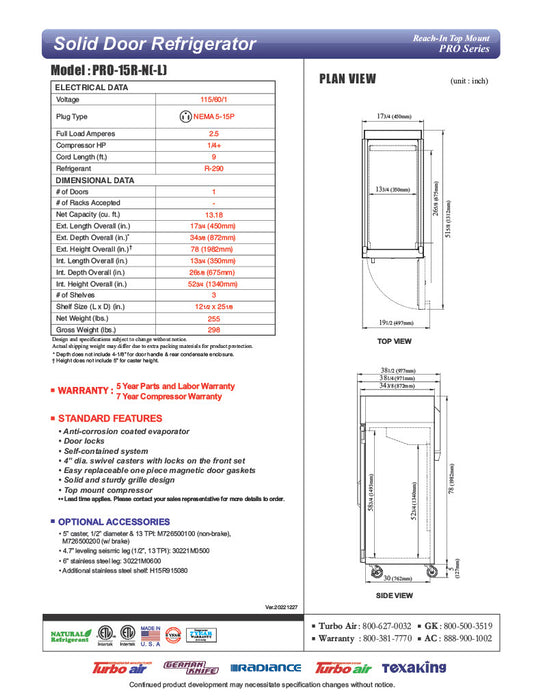 Turbo Air PRO-15R-N 17 3/4" One Section Reach In Refrigerator - (1) Right Hinge Solid Door, 115v