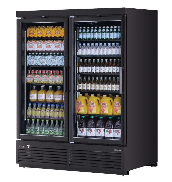 Turbo Air TJMR-55SDB-N 65 1/8" Black Super Deluxe Two Section Glass Door Merchandiser – (2) Swing Doors, 115v - Donut-Equipment.com