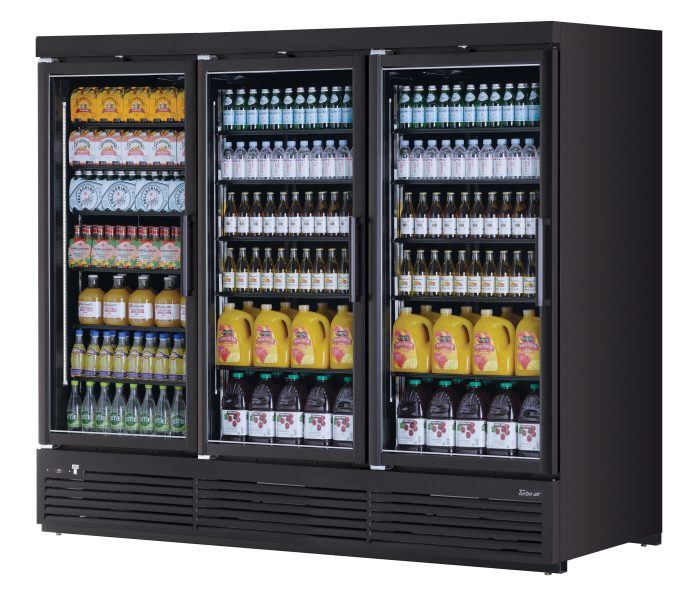 Turbo Air TJMR-85SDB-N 97 1/2" Black Super Deluxe Three Section Glass Door Merchandiser – (3) Swing Doors, 115v - Donut-Equipment.com
