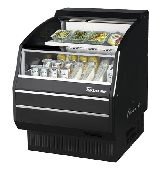 Turbo Air TOM-30LB-SP-N 28 1/8" Black Low Profile Horizontal Open Air Cooler – Refrigerated Curtain Merchandiser w/ (2) Levels, 115v - Donut-Equipment.com