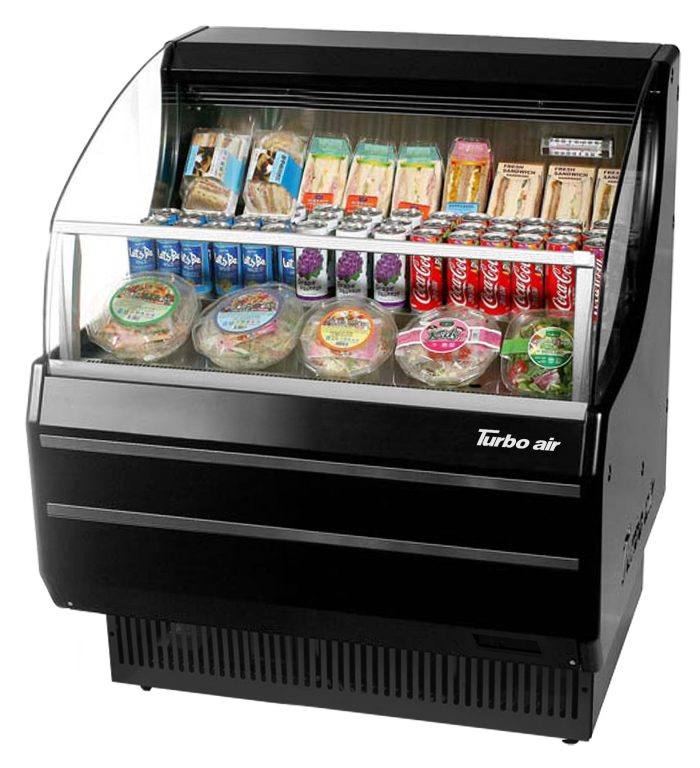 Turbo Air TOM-30SB-N 28" Slim Line Horizontal Open Air Cooler w/ (3) Levels – Black Exterior, 115v - Donut-Equipment.com