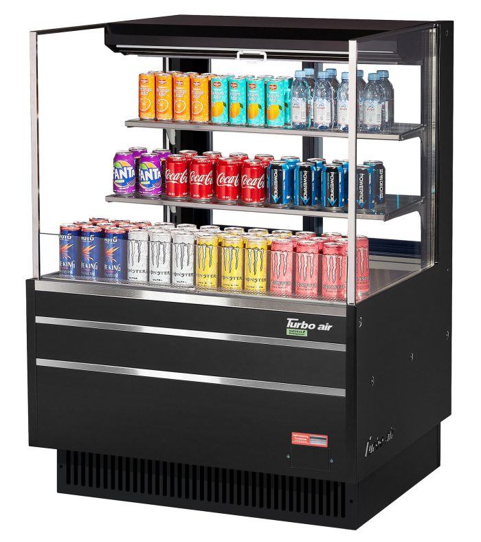 Turbo Air TOM-36L-UFD-B-3S-N 34 3/4" Black Low Profile Horizontal Open Air Cooler w/ (3) Levels – Ultra Front Deluxe Merchandiser, 115v - Donut-Equipment.com