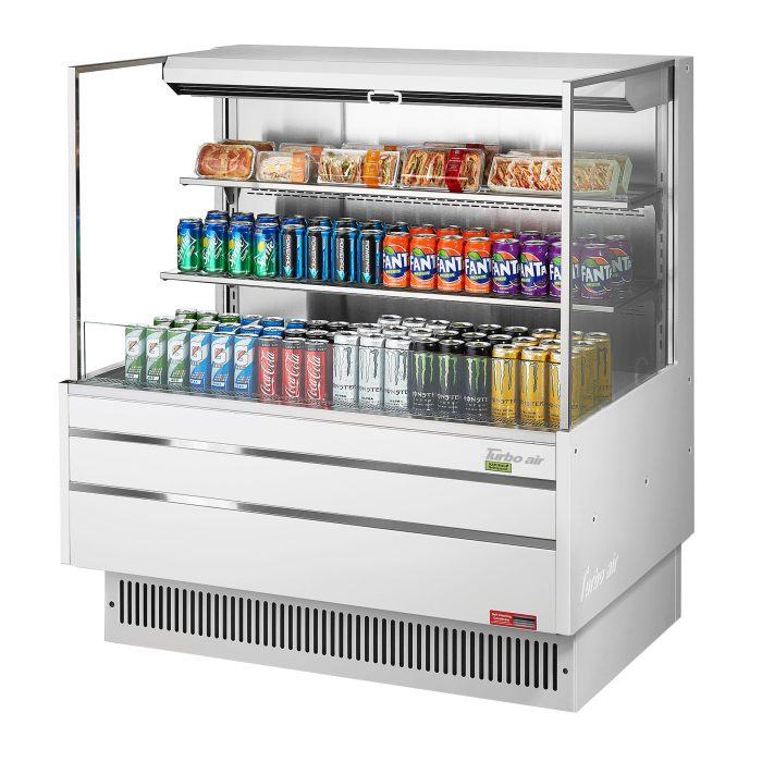 Turbo Air TOM-48L-UF-W-3S-N 46 3/4" White Low Profile Horizontal Open Air Cooler w/ (3) Levels – Ultra Front Merchandiser, 115v - Donut-Equipment.com