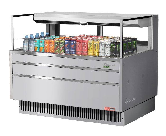 Turbo Air TOM-48L-UFD-S-1S-N 46 3/4" Stainless Steel Low Profile Horizontal Open Air Cooler w/ (1) Level – Ultra Front Deluxe Merchandiser, 115v - Donut-Equipment.com